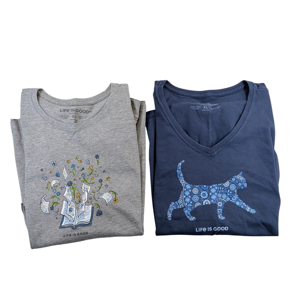 Life Is Good Womens XL Crusher Tee Bundle 2PK Cat Book Graphic Long Sleeve Tops